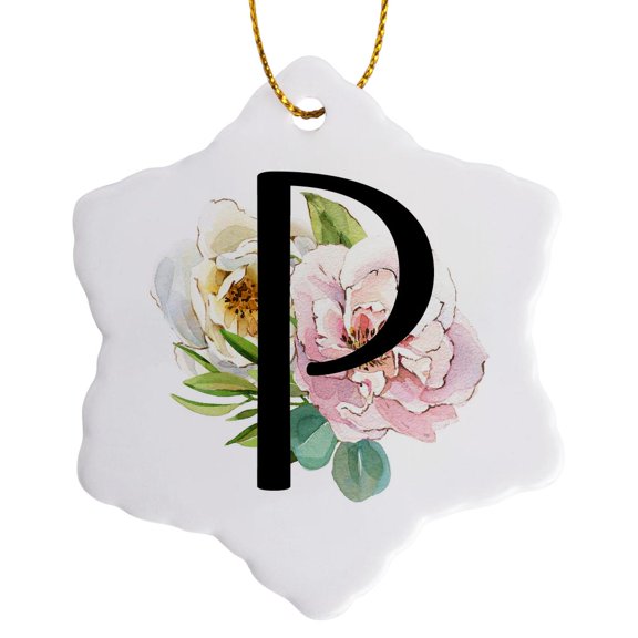 3drose, Pretty Pink and White Peony Floral Monogram Initial P, 3 inch Snowflake Porcelain Ornament