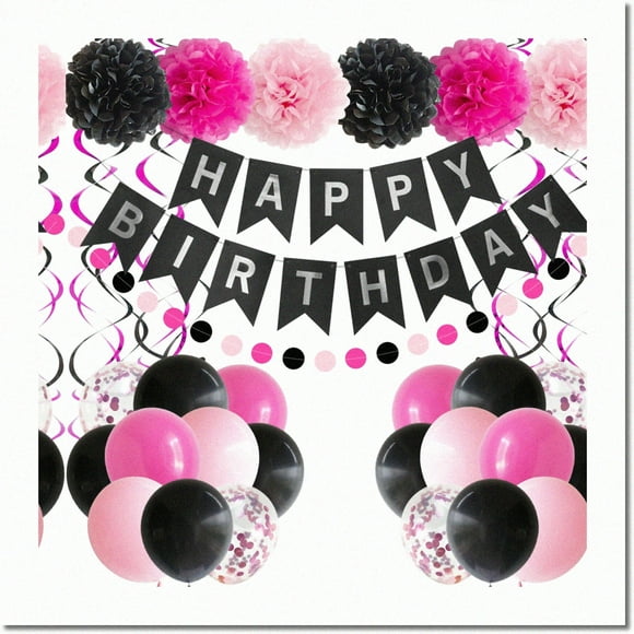 Pretty in Pink Birthday Bash Kit - Banner, Balloons, Pom Poms, Swirls - Girls & Women's Party Supplies for 13th, 16th, 18th, 20th, 30th, 40th, 50th, 60th, 70th, 80th Celebrations