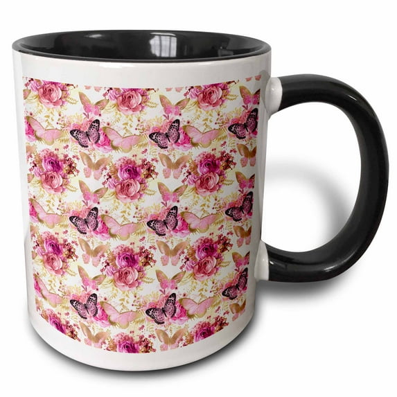 3drose, Pretty Pink, Black, and Faux Gold Butterfly Pattern, 11oz Two-tone Black Mug