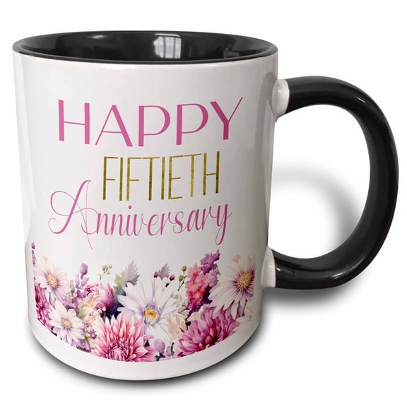 3drose, Pretty Pink Chrysanthemum Flowers Happy Fiftieth Anniversary, 15oz Two-tone Black Mug