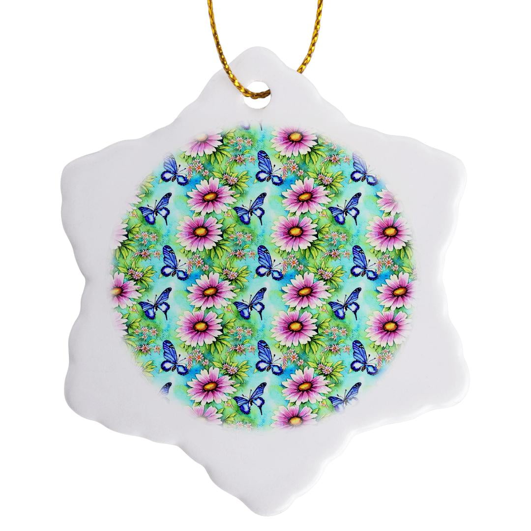3drose, Pretty Pink Daisy and Blue Butterfly Pattern, 3 inch Snowflake ...