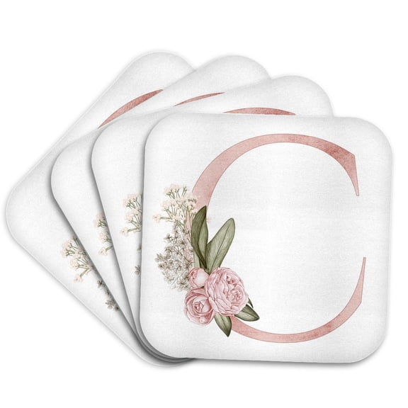 3drose, Pretty Pink Floral and Babies Breath Monogram Initial C, Set of 4 Coasters - Soft