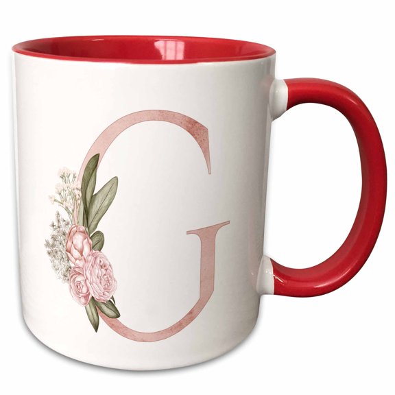 3drose, Pretty Pink Floral and Babies Breath Monogram Initial G, 11oz Two-tone Red Mug