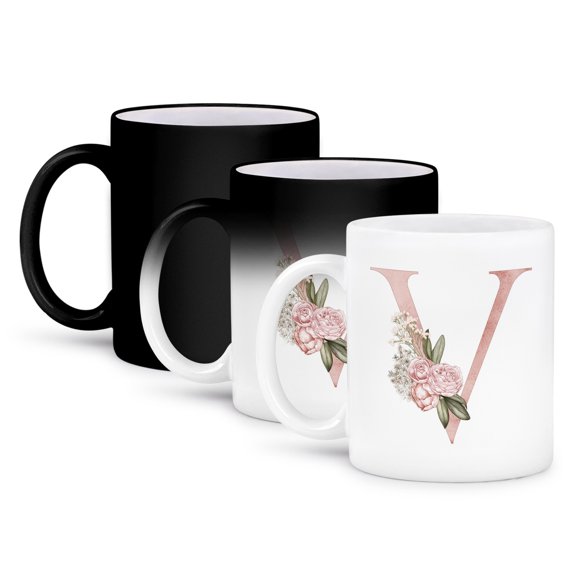 Pretty Pink Floral And Babies Breath Monogram Initial V, 11oz Magic Transforming Mug