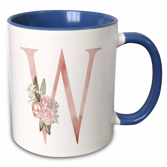 3drose, Pretty Pink Floral and Babies Breath Monogram Initial W, 11oz Two-tone Blue Mug
