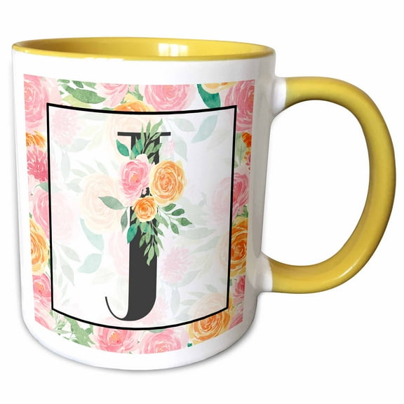 3drose, Pretty Pink Floral Monogram Initial J, 11oz Two-tone Yellow Mug