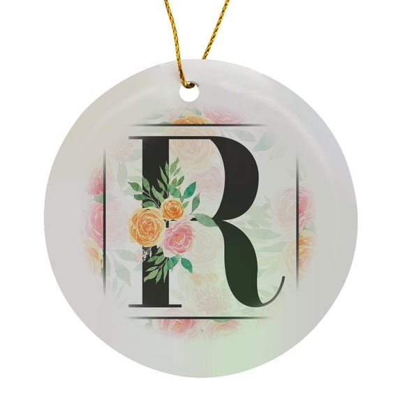3drose, Pretty Pink Floral Monogram Initial R, Circle Porcelain Ornament