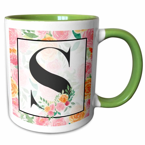 3drose, Pretty Pink Floral Monogram Initial S, 11oz Two-tone Green Mug