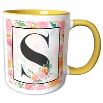3drose, Pretty Pink Floral Monogram Initial S, 11oz Two-tone Yellow Mug