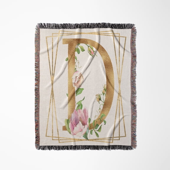 Pretty Pink Flower Image Of Gold Monogram D In A Geometric Frame, Woven Blanket