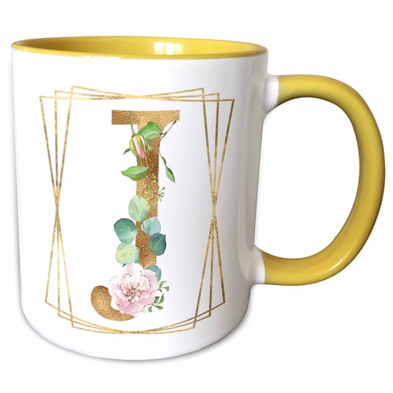 Pretty Pink Flower Image Of Gold Monogram J In A Geometric Frame 11oz Two-Tone Yellow Mug mug-347261-8
