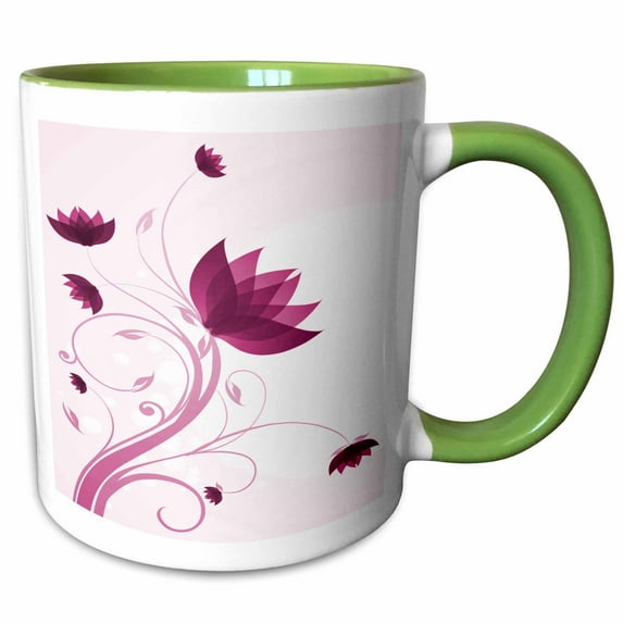 3drose, Pretty Pink Flower with Swirly Stem, 15oz Two-tone Green Mug
