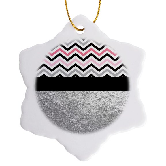 3drose, Pretty Pink, Gray, Black Chevron Stripes Silver Design, 3 inch Snowflake Porcelain Ornament