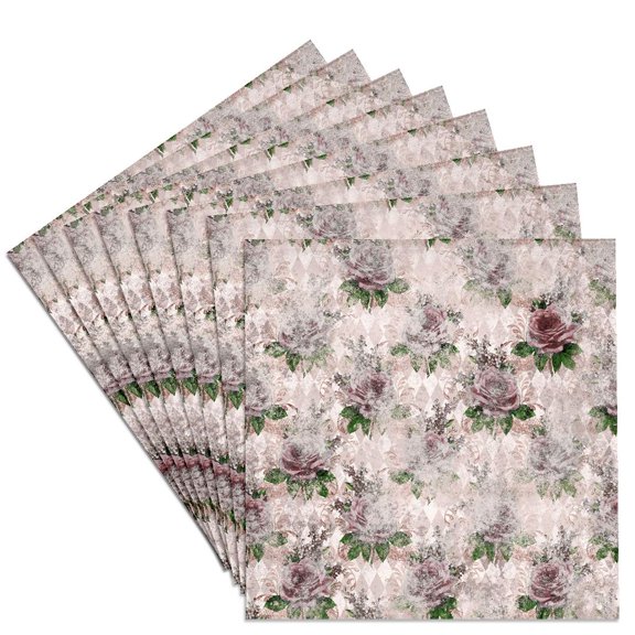 3drose, Pretty Pink Grunge Roses on a Diamond Background Pattern, Set of 8 Ceramic Tile Coasters