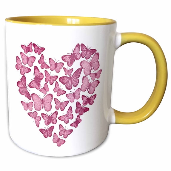 3drose, Pretty Pink Heart Made of Butterflies Illustration, 15oz Two-tone Yellow Mug