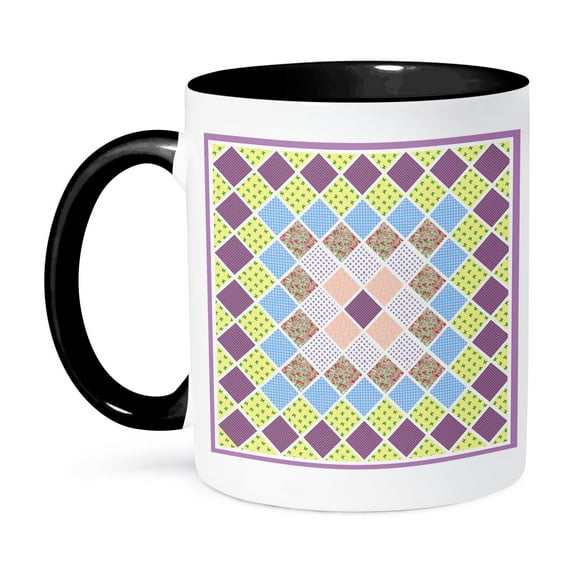 3dRose, Pretty Pink, Lavender, Yellow and Blue Quilt Square Design, 11oz Two-Tone Black Mug