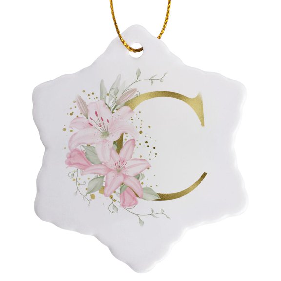 3drose, Pretty Pink Lily Floral Image of Gold Monogram Initial C, 3 inch Snowflake Porcelain Ornament