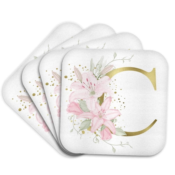 3drose, Pretty Pink Lily Floral Image of Gold Monogram Initial C, Set of 4 Coasters - Soft