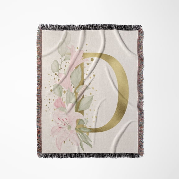 Pretty Pink Lily Floral Image Of Gold Monogram Initial D, Woven Blanket