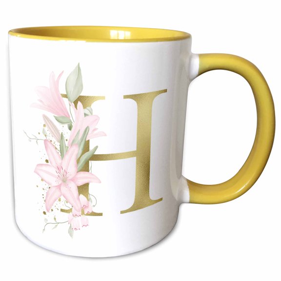 3drose, Pretty Pink Lily Floral Image of Gold Monogram Initial H, 11oz Two-tone Yellow Mug