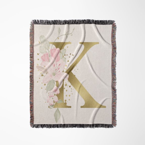 Pretty Pink Lily Floral Image Of Gold Monogram Initial K, Woven Blanket