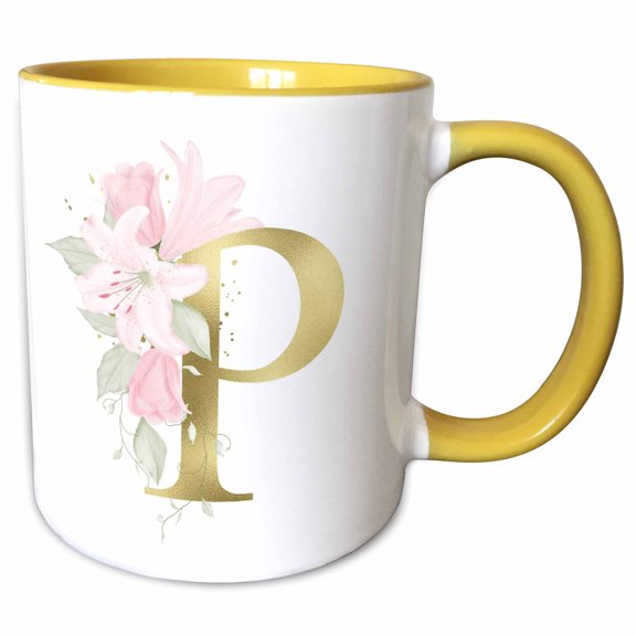 3drose, Pretty Pink Lily Floral Image of Gold Monogram Initial P, 15oz Two-tone Yellow Mug