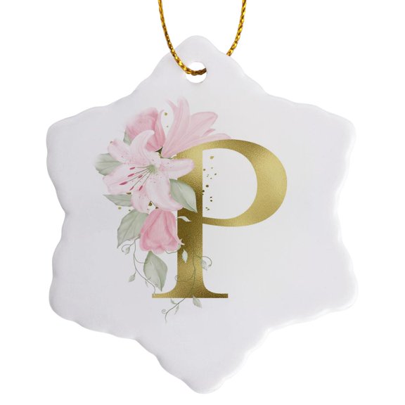 3drose, Pretty Pink Lily Floral Image of Gold Monogram Initial P, 3 inch Snowflake Porcelain Ornament