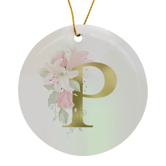 3drose, Pretty Pink Lily Floral Image of Gold Monogram Initial P, Circle Porcelain Ornament