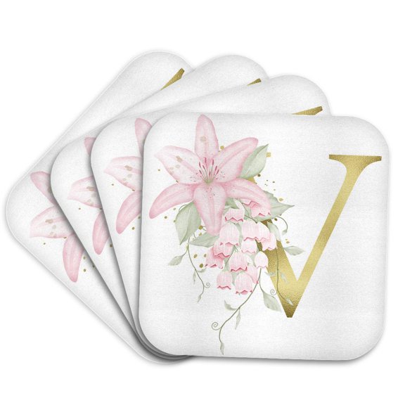 3drose, Pretty Pink Lily Floral Image of Gold Monogram Initial V, Set of 4 Coasters - Soft