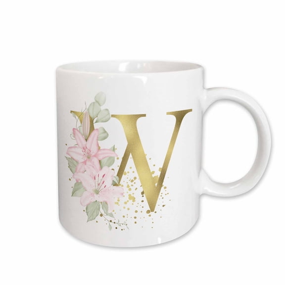 3drose, Pretty Pink Lily Floral Image of Gold Monogram Initial W, 11oz Mug
