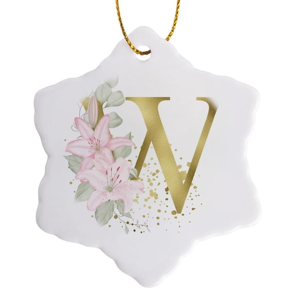 3drose, Pretty Pink Lily Floral Image of Gold Monogram Initial W, 3 inch Snowflake Porcelain Ornament