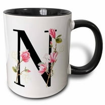 3drose, Pretty Pink Magnolia Flower Monogram Initial N, 15oz Two-tone Black Mug