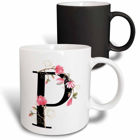3drose, Pretty Pink Magnolia Flower Monogram Initial P, 11oz Magic Transforming Mug
