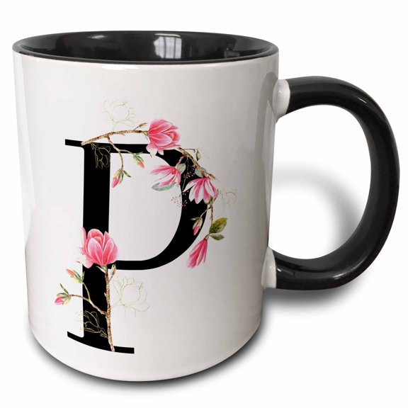 3drose, Pretty Pink Magnolia Flower Monogram Initial P, 11oz Two-tone Black Mug