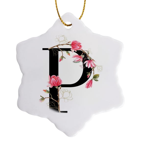 3drose, Pretty Pink Magnolia Flower Monogram Initial P, 3 inch Snowflake Porcelain Ornament