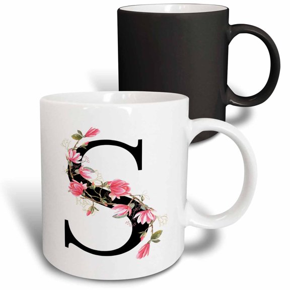 3drose, Pretty Pink Magnolia Flower Monogram Initial S, 11oz Magic Transforming Mug