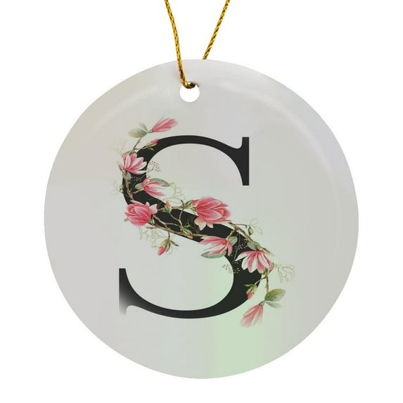 3drose, Pretty Pink Magnolia Flower Monogram Initial S, Circle Porcelain Ornament