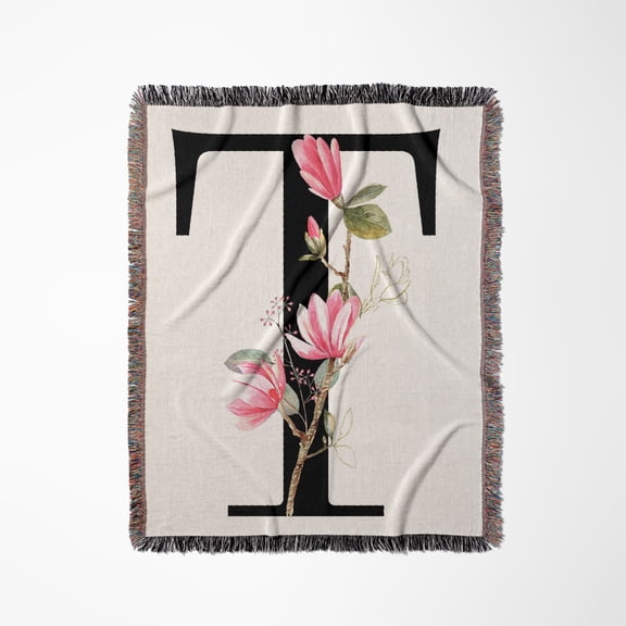 Pretty Pink Magnolia Flower Monogram Initial T, Woven Blanket