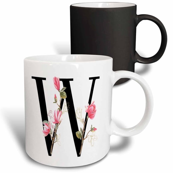3drose, Pretty Pink Magnolia Flower Monogram Initial W, 11oz Magic Transforming Mug