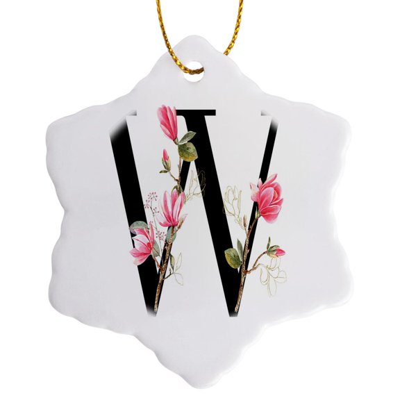3drose, Pretty Pink Magnolia Flower Monogram Initial W, 3 inch Snowflake Porcelain Ornament