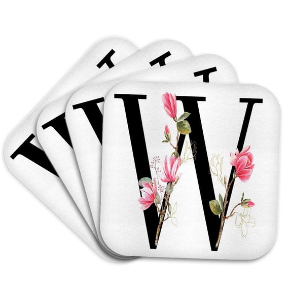 3drose, Pretty Pink Magnolia Flower Monogram Initial W, Set of 4 Coasters - Soft