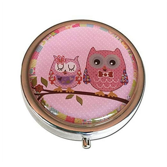 Pretty Pink Owls Silver Three Section Round Pocket/Purse/Travel Pill Box Case