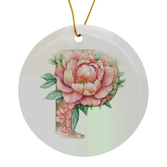 3drose, Pretty Pink Peony Floral Monogram Initial P, Circle Porcelain Ornament