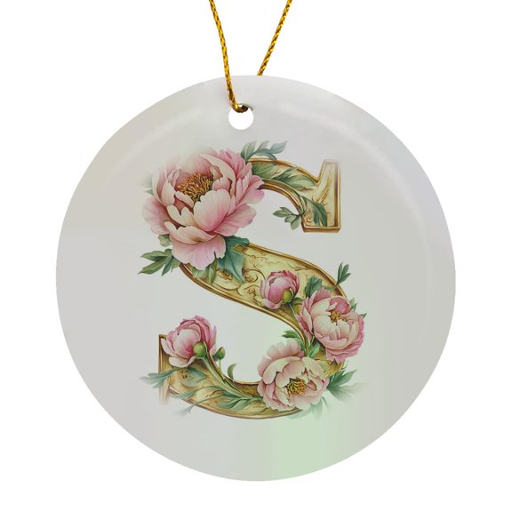 3drose, Pretty Pink Peony Floral Monogram Initial S, Circle Porcelain Ornament