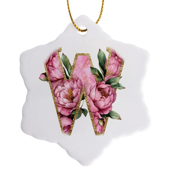 3drose, Pretty Pink Peony Floral Monogram Initial W, 3 inch Snowflake Porcelain Ornament