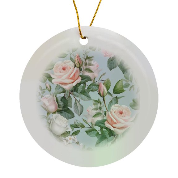 3drose, Pretty Pink Roses and Leaves Background, Circle Porcelain Ornament