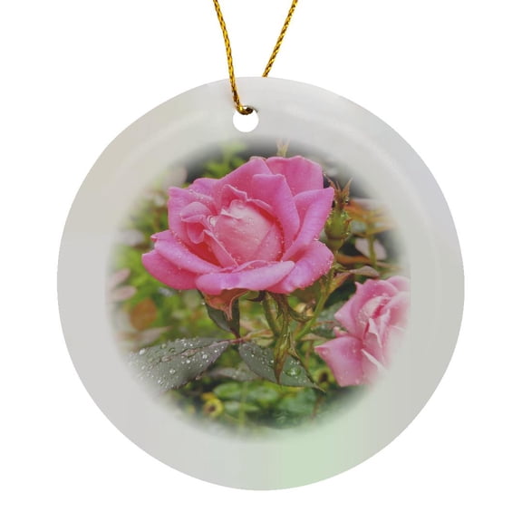 3drose, Pretty Pink Roses Glistening After Rain, Circle Porcelain Ornament