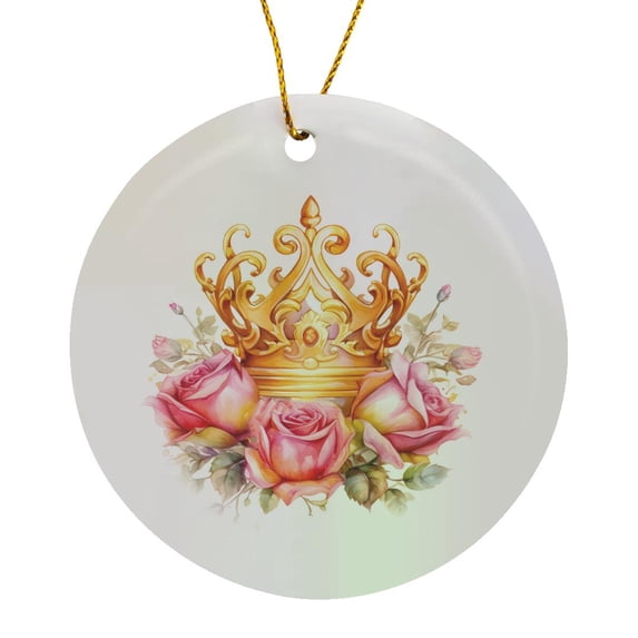 3drose, Pretty Pink Roses Image of Gold Crown Illustration, Circle Porcelain Ornament