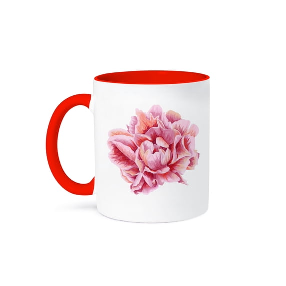3dRose, Pretty Pink Watercolor Peony Flower, 11oz Two-Tone Red Mug