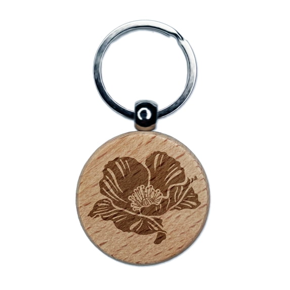 Pretty Poppy Flower Round Keychain Charm Tag - Engraved Wood